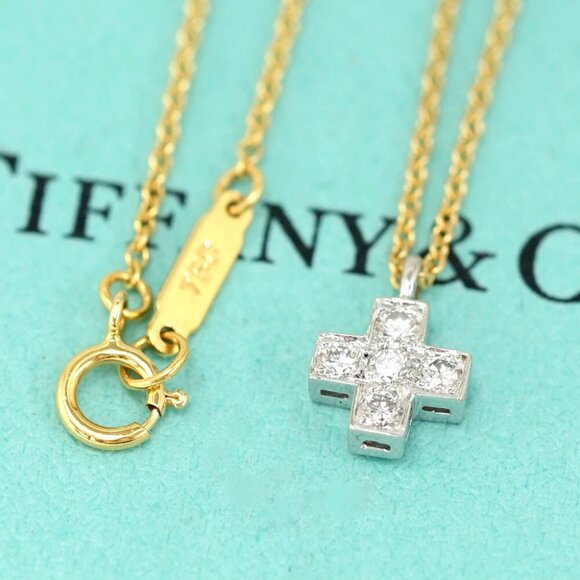 Tiffany & Co. Cruciform Cross Diamond Necklace 16" 18k Yellow Gold 750 & PT950 - Picture 1 of 9